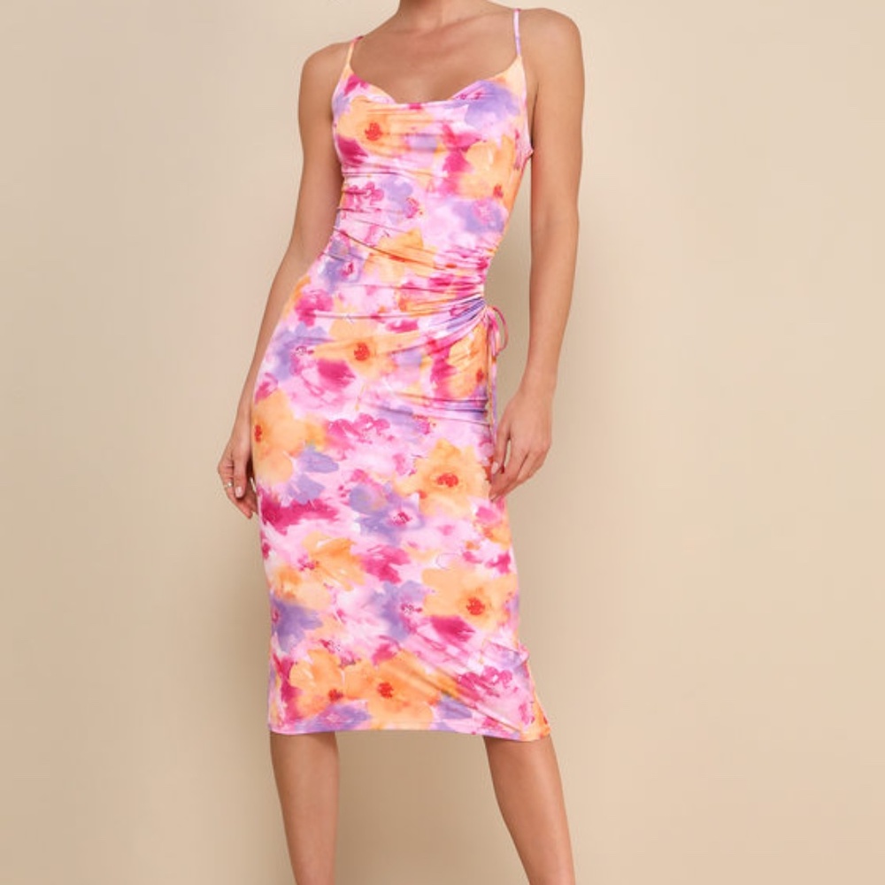 Lulus Vibrant Babe Pink Multi Floral Cutout Drawstring Midi Dress - Size S